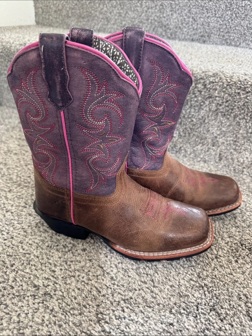 Dan Post Girls Brown Leather & Purple Shaft Cowboy Boots with Pink Trim - Picture 1 of 6